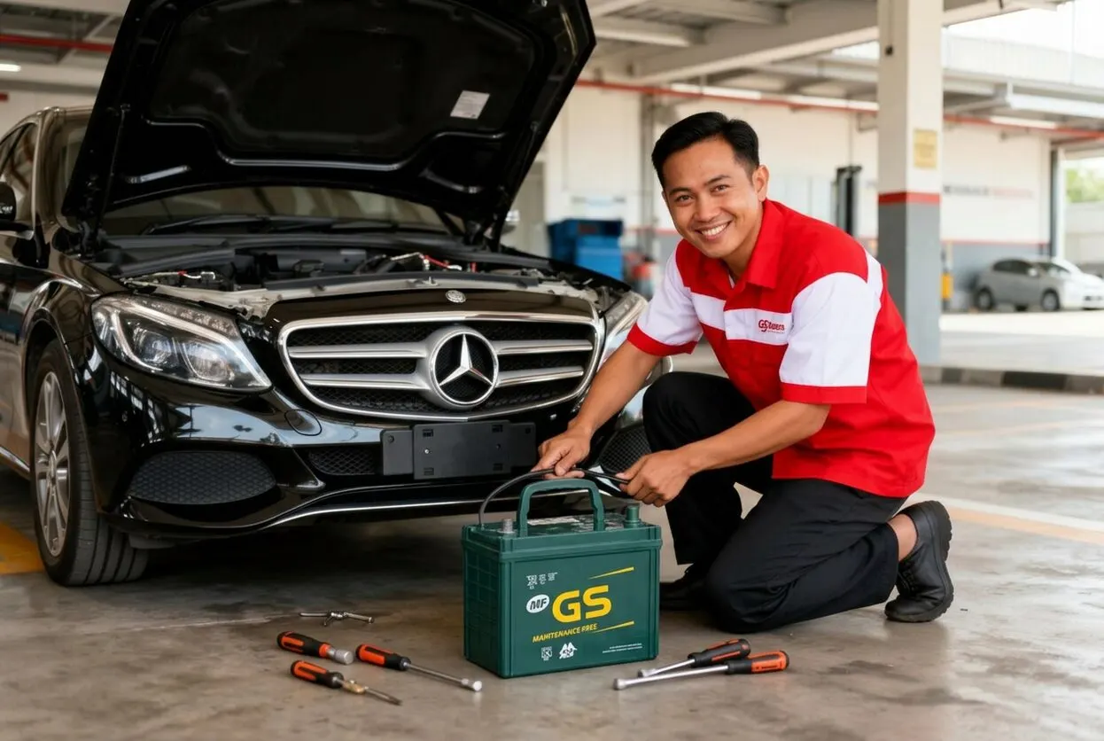 Teknisi ShopDrive Accu Indonesia memasang aki GS Astra pada mobil Mercedes-Benz